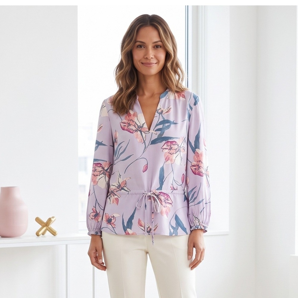 A New Day Floral Peplum Blouse Women S Purple Long Sleeve V Neck Drawstring Top